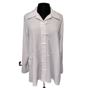 NEW Button Up Collard Tunic Blouse Size Med Plaid Purple Long Sleeve Pocket‎